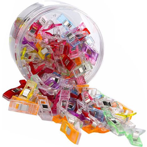 100 pinces à couture colorées, à forte adhérence, réutilisables, petites pinces à tissu, adaptées au quilting, à la couture à la main et au tricot, taille 27x10 mm. (1/5)