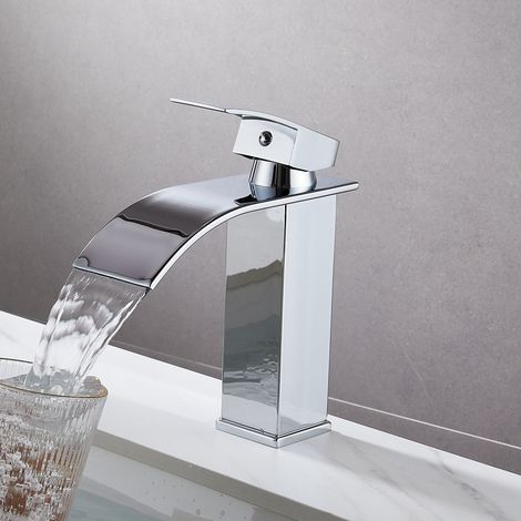 Waterfall Basin Sink Mixer Tap Bathroom Lever Single Handle Leadless Brass Faucet，Tap Bathroom for Cold and  Hot Water,With 2 × G3/8’’ hoses，Chrome - A (1/5)