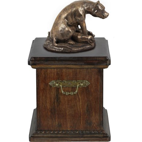 Urne funéraire pour Staffordshire Bull Terrier (Staffik, Staffi II) avec statuette, élégante urne de style classique signée Art-Dog. (1/5)