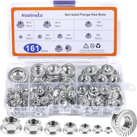 161 Pièces Ecrou a Embase en Acier au Carbone, Écrous à Embase M3 M4 M5 M6 M8 M10 M12, Écrou à Hexagonaux, Écrous à Bride de Blocage Dentelés Hexagonale (1/5)