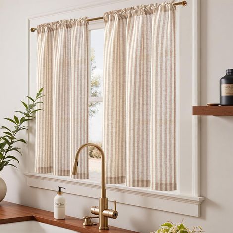 Rideaux Cuisine Courts Brise Bise Lin pour Placard Chambre, Draperies 65 x 115(LxH)cm à Rayures Marron sur Beige, Rideaux à Passe Tringle Translucides Idéal pour Porte Petites Fenêtres Lot de 2 (1/5)