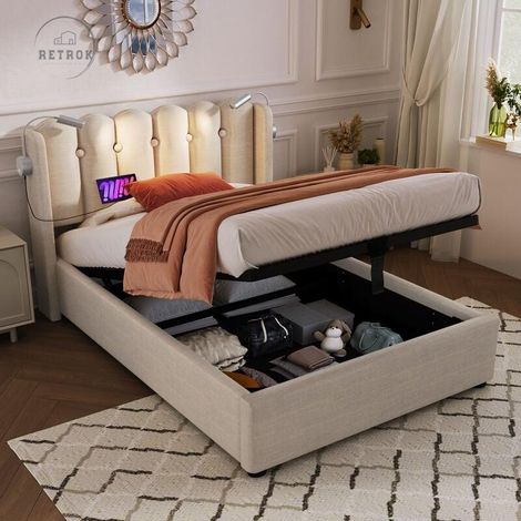 Lit simple à rangement hydraulique 90x200cm - avec tête de lit rechargeable et liseuse, coffre de lit avec sommier à lattes, lin - beige (sans matelas)