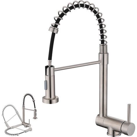 Aihom – Mitigeur de lavabo pliable à ressort 360° – Douchette extractible 2 jets – Acier inoxydable brossé – Hauteur 470 mm, hauteur sous bec 153 mm
