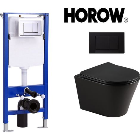 Toilette murale noire sans cadre avec réservoir caché et plaque de poussée chromée noire, ensemble complet WC en céramique noir mat, WC mural, WC avec chasse d'eau rotative (1/5)