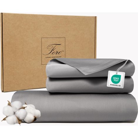 Housse de Couette 200x200 Coton, 2 Taie d'oreiller 50x75 cm, Parure de Lit Satin 300 TC, Protéine de Soie, Longues Fibres, Design, Couleur Unie, Parures de Lit, Gris (1/5)