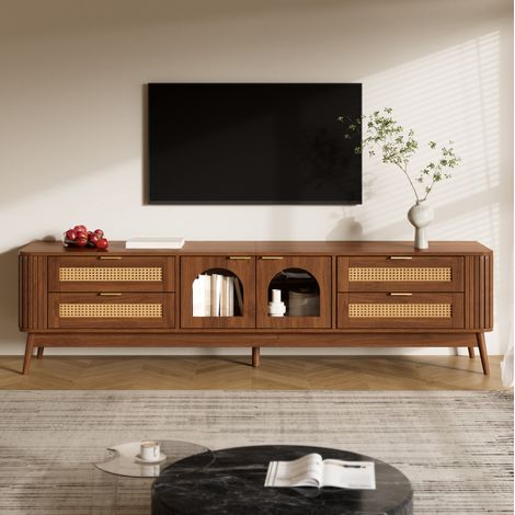 Meuble TV noyer avec 4 tiroirs, 2 portes et LED, design symétrique, 180x40x50 cm (1/5)