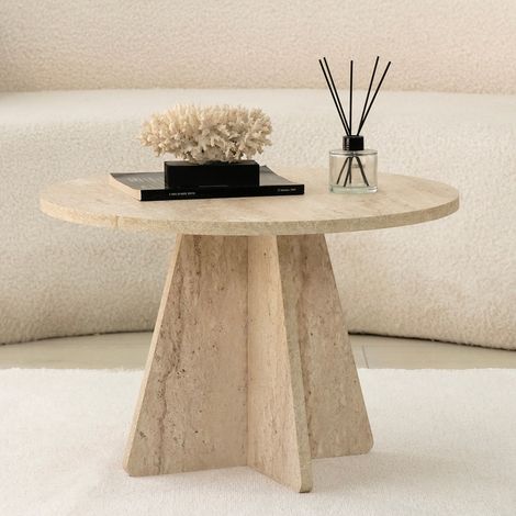 Mesa de Centro Armanda, Redonda, Tablero de Madera, Color Beige, 60x60x40h cm Beige Mármol (1/5)