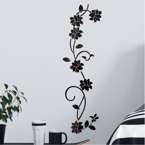 Miroirs muraux Flower Vine Acrylique Miroir Stickers Muraux,élégant Miroir Réglage Mur Autocollant,Mur Collant Miroir Décoration Murale pour La Maison Salon Chambre Décor, Noir