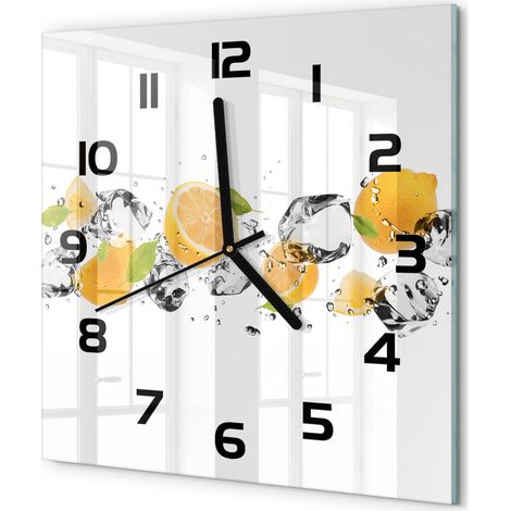 Horloge Murale Carrée Chambre Silencieuse en Verre Sans Tic-Tac Design Moderne Citron et eau 30x30 cm (1/5)