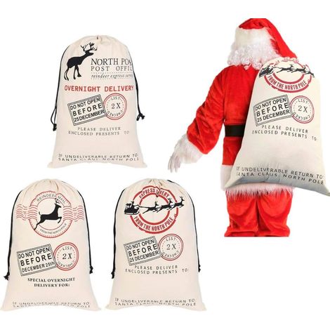 [JAMAIS UTILISÉ]Sac Cadeau de Noël en Toile Santa 3 pièces avec Cordon - Sacs de Livraison Express Renne Extra Grand Format 70 x 50 cm (1/5)
