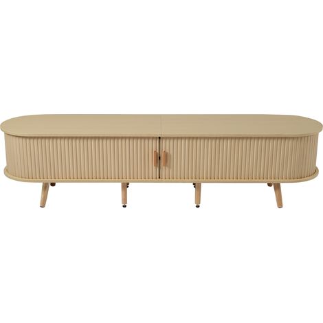 Mueble TV ovalado con 2 cajones y puertas correderas MDF acabado nogal claro 175x40x42 cm (1/5)