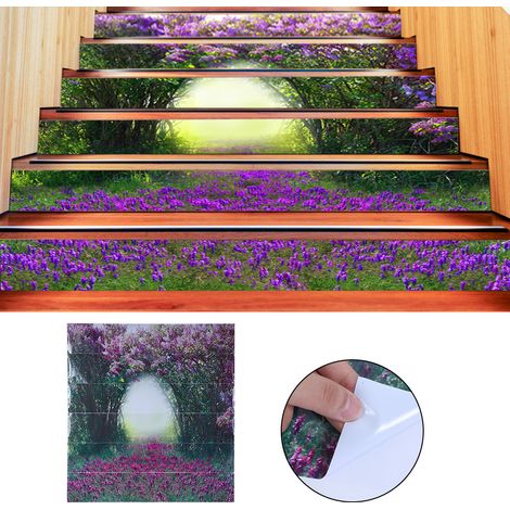 Autocollant décoratif 3D pour escalier avec motif floral violet, motif paysage, autocollant mural autocollant. (1/4)
