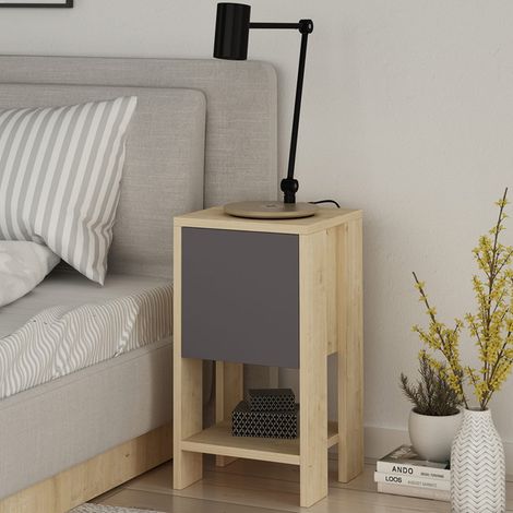Comodino 30x30x55 cm Mobiletto con Anta a Ribalta e Ripiano in Legno Quercia e Antracite (1/4)