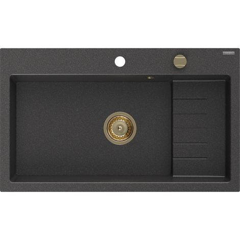 Mexen Omar évier en granit 1 bac 800 x 480 mm, noir moucheté, siphon doré - 6520801005-76-G (1/5)