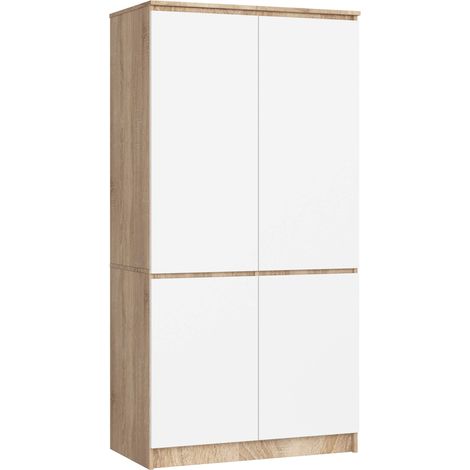 Akord – Armoire 4 portes chêne sonoma 90 cm – Façade blanche – 4 étagères – Dimensions 90x51x180 cm – Panneau stratifié