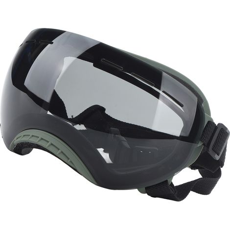 Lunettes de soleil pour chien, protection UV moderne, monture élastique ajustable, verres gris, monture vert olive, pour chiens de taille moyenne. (1/5)