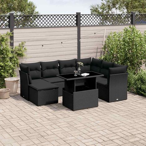 Ensemble de jardin 8 places en résine tressée noir avec table extensible et coussins amovibles - Salon d'extérieur modulaire (1/5)