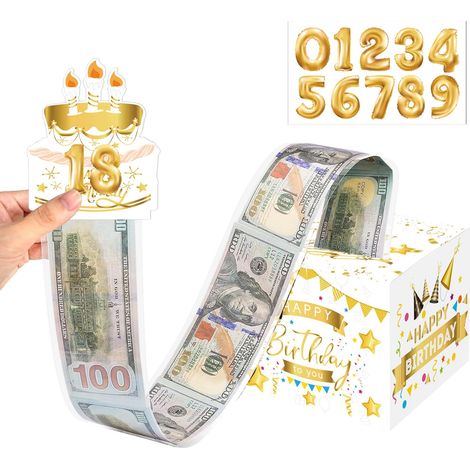 Boite Cadeau pour Argent Liquide, Or Blanc Boîtes Cadeaux, Boite Surprise Anniversaire Cash, Boite Anniversaire Argent Liquide, Gift Box avec Autocollants de Chiffres pour à Tous les Âges (1/5)