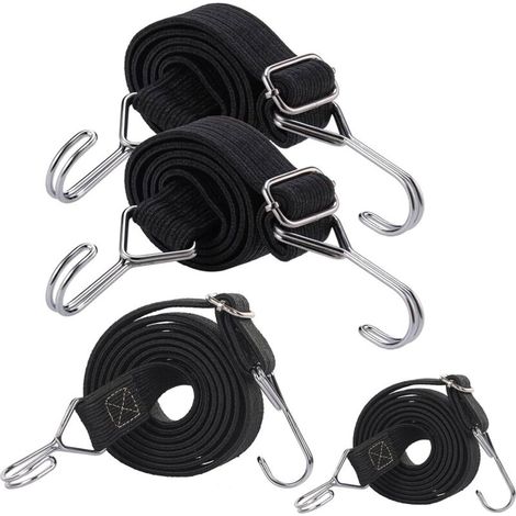 Set di 4 corde elastiche con ganci, cinghie elastiche piatte extra resistenti, corde elastiche con ganci, cinghie elastiche in gomma lunghe e regolabili, per bagagli, campeggio, auto, ecc. (1/4)