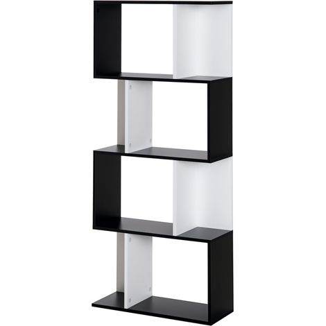 Libreria a 5 ripiani, mobile contenitore a forma di S con ripiani, scaffale portaoggetti per soggiorno, camera da letto, ufficio, 60 x 24 x 148 cm, nero, bianco