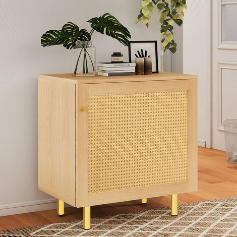 60cm Rattan Sideboard, Bedside Table with 1 Door, Rustic Storage Cabinet for Dining Room, Natural Wood Effect (1/5)
