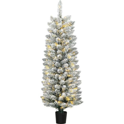 HOMCOM árbol de Navidad nevado con 100 luces LED, 120 cm, árbol de Navidad, 8 modos, 180 ramas, base tipo maceta, verde y blanco (1/5)