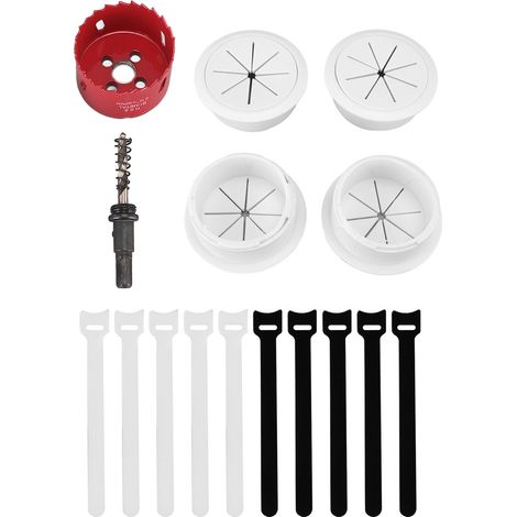 Cache-câbles TV mural pour trous de 60 mm (2‑3/8 po) - Kit de gestion des câbles comprenant : 4 passe-câbles, 1 scie cloche, 10 attaches de câble (1/5)