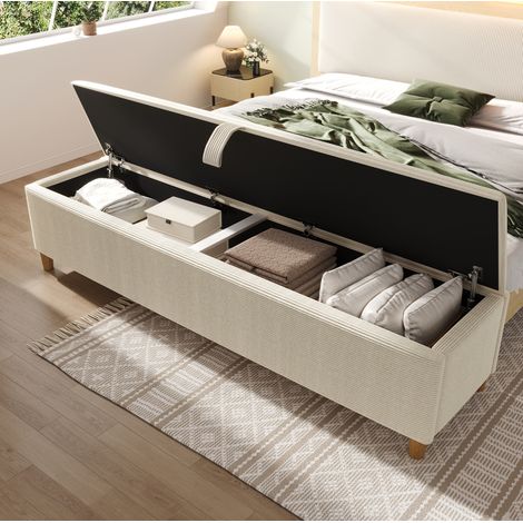 Banco arcón 145x38x46 cm de tela acanalada y madera beige, con almacenaje, FloraGrace (1/5)