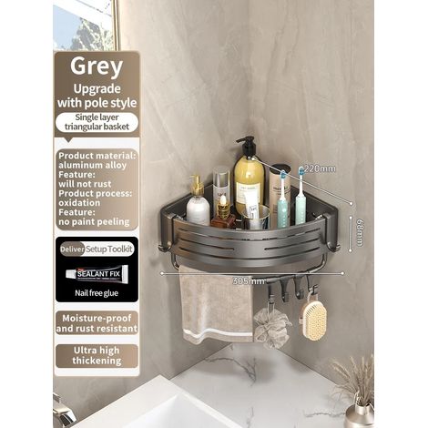 (JS68gris triangleB) Étagère murale en aluminium pour salle de bain, rangement pour shampoing, organisateur de cuisine, sans perçage nécessaire. (1/5)