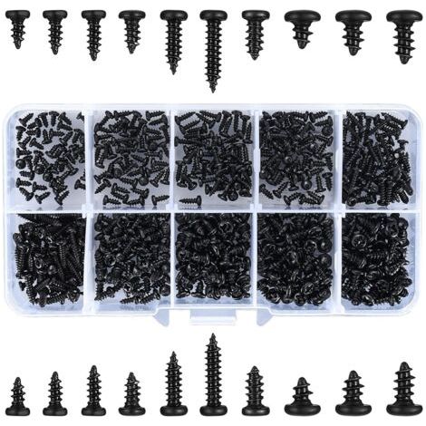 INHHUB 500 Pièces Vis Autotaraudeuses, Vis Autoforeuses à Tête Cruciforme, Vis à Bois à Tête Ronde Noire pour Plastique Bois Métal - M2/M2.3/M2.6/M3-INHHUB