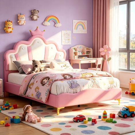 Lit Filles rembourré,lit princesse enfant 140x190 Lit double,Cadre de lit d'Enfant et d'Ado avec LED, tête de lit Couronne et réglable en Hauteur,Rose+Blanc (1/5)