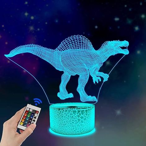 Veilleuse 3D Dinosaure, Lampe de chevet LED Spinosaurus Illusion 16 couleurs changeantes avec télécommande - Décoration originale et amusante pour chambre d'enfant, Cadeau d'anniversaire idéal pour un