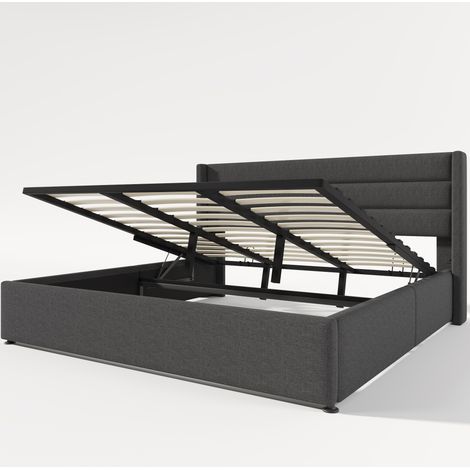 Lit coffre rembourré hydraulique 180x200 cm gris en lin avec sommier à lattes en bois (1/5)