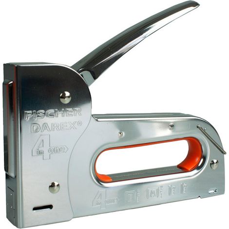 Fischer Darex – Agrafeuse-cloueuse manuelle métal 4 en 1 – Ergonomie antidérapante – Chargement rapide – Pour bois dur et teck