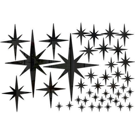 42 schwarze DIY-Stern-Spiegel-Wandaufkleber, Acryl-Aufkleber, wasserfeste, selbstklebende Tapete für Kinderzimmer und Wohndekoration