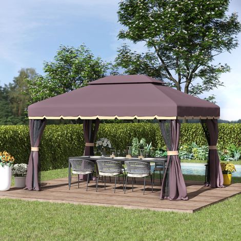Pavillon de jardin 390x290x280 cm café en aluminium avec toit rigide, rideaux et moustiquaires (1/5)