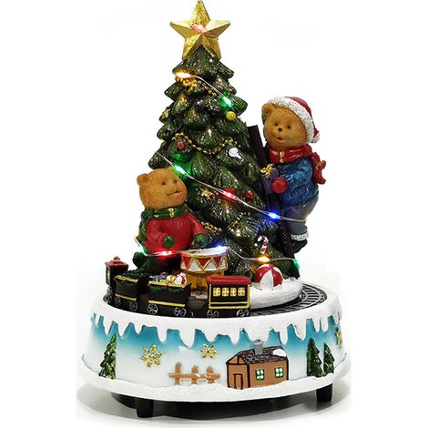 Giostra Carillon Natalizia con Luci Suoni trenino in Movimento  Villaggio Albero con stella oro orsetti H.21,5 cm Decorazione Natale in Scatola Regalo