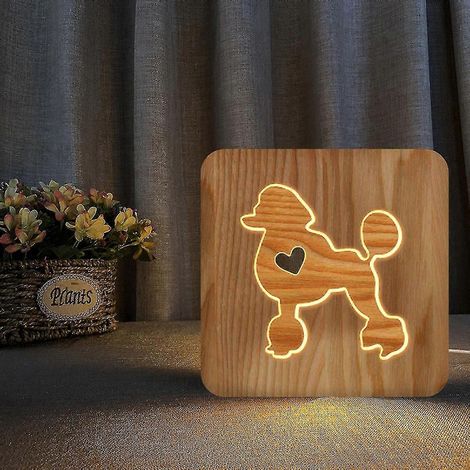Veilleuse LED en bois en forme de caniche, lampe 3D créative et décorative, motif sculpté en bois 3D. (1/5)