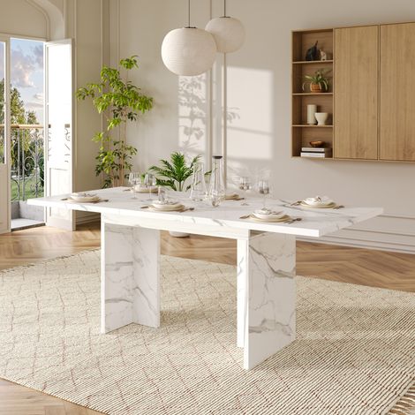 Table extensible MDF Weiß Marmoroptik 140–180x80 cm, rechteckiger Esstisch für 6–8 Personen (1/5)