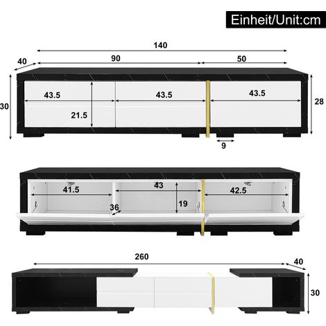 Meuble TV extensible 140-260 cm, avec fonction rotative, finition marbre noir et blanc laqué mat, décorations dorées, design contemporain (1/5)