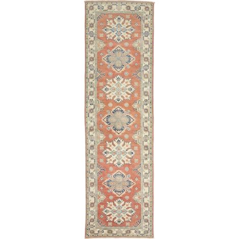 Tapis d'orient 84 x 293 cm, motif géométrique, rouge beige et bleu, en laine nouée à la main, artisanal (1/5)