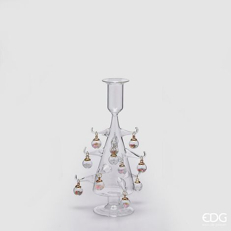 EDG Enzo De Gasperi Decoro Portacandela Pino Natalizio con Decori H 22 Cm Vetro Scatola Bianco