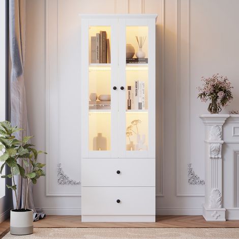 Vitrine d'exposition moderne 165 cm mat avec éclairage LED (16 couleurs, USB), meuble de rangement à 2 tiroirs et étagères réglables – bibliothèque pour salon et collection (1/5)