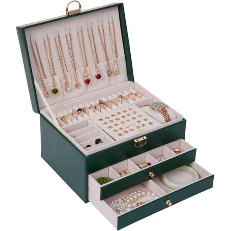 Boîte à bijoux - Coffret à bijoux - Organisateur de bijoux - avec trois tiroirs - Coffret à bijoux en similicuir - Vert - 23 x 17 x 13,5 cm (1/5)