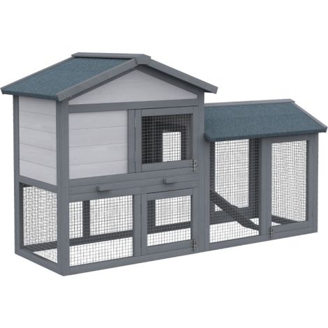 Outdoor Double Tier Wooden Rabbit Hutch with Water-Resistant Roof and Ramp,147x54x84 cm,Grey Color (1/5)