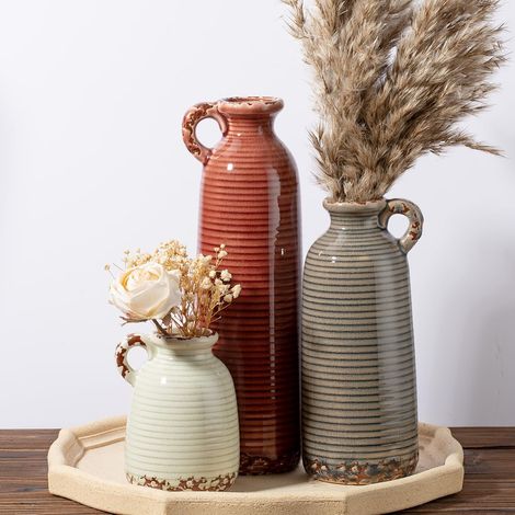 Lot de 3 vases en céramique avec poignées, marron, neutre, rustique, moderne, style ferme, polyvalent, comme centre de table, manteau et étagère, idée cadeau unique pour la maison (1/5)
