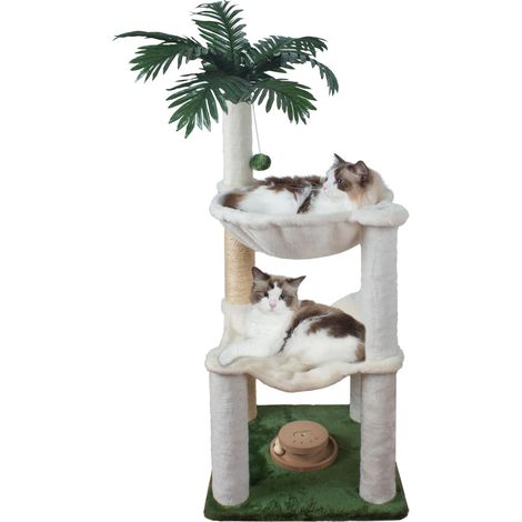 Arbre à Chat 100cm avec Deux Hamacs, Double Hamac avec Jouet pour Chat en Bois Interactif, Abri pour Chaton et Adulte (1/5)