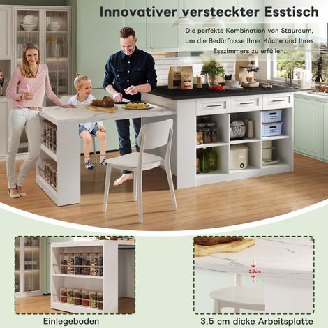 Îlot de cuisine multifonctionnel 150cm+96cm, table extensible blanche, plan de travail en bois marbré noir/blanc, rangements intégrés, parfait pour cuisine familiale et repas partagés (1/5)