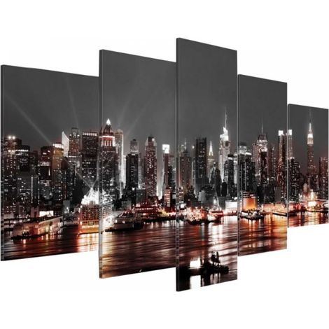 Tableau Mural Cityscape - Toile Imprimée Haute Définition - Vue Nocturne Mer Ville - 5 Panneaux Sans Cadre - Décoration Murale Salon Chambre Bureau - Lot de 5 (1/5)