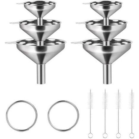 Set di 12 imbuti da cucina in acciaio inox: 6 imbuti da cucina in acciaio inox, 2 anelli, 4 spazzole per la pulizia, set di imbuti in acciaio inox, imbuti in metallo per trasferire liquidi, spezie e m (1/5)
